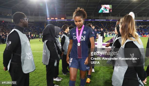 Laura Georges of Paris Saint-Germain Feminines looks dejected after penalty shoot out defeat during the UEFA Women's Champions League Final between...