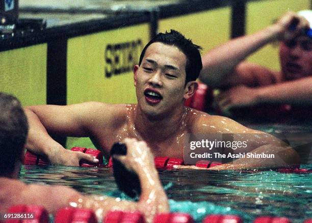 Yoshiaki Okita of Japan celebrates his second finish in the Men's 200m Breaststroke during day four of the Pan Pacific Swimming Championships at...