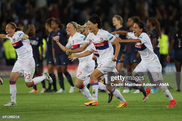 Saki Kumagai of Olympique Lyonnais celebrates victory after the penalty shoot out in the UEFA Women's Champions League Final between Lyon and Paris...