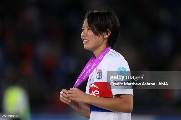 Saki Kumagai of Olympique Lyonnais with her winners medal after the UEFA Women's Champions League Final between Lyon and Paris Saint Germain on June...