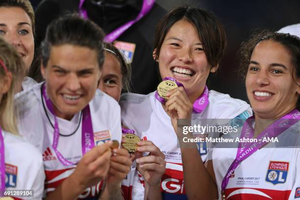 Saki Kumagai of Olympique Lyonnais with her winners medal after the UEFA Women's Champions League Final between Lyon and Paris Saint Germain on June...