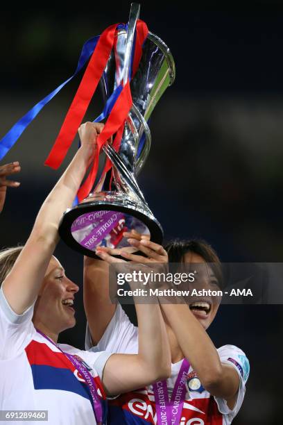 Saki Kumagai of Olympique Lyonnais with the winners trophy after the UEFA Women's Champions League Final between Lyon and Paris Saint Germain on June...