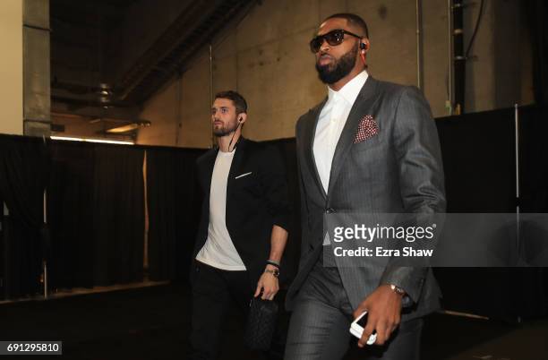 Kevin Love and Tristan Thompson of the Cleveland Cavaliers arrive for Game 1 of the 2017 NBA Finals against the Golden State Warriors at ORACLE Arena...