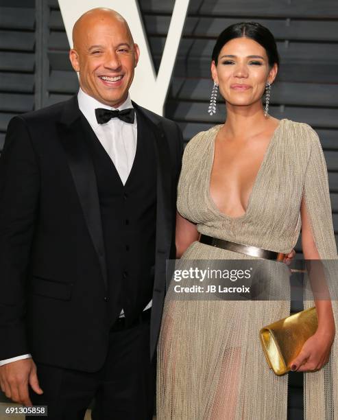 Vin Diesel and Paloma Jimenez attend the 2017 Vanity Fair Oscar Party hosted by Graydon Carter at Wallis Annenberg Center for the Performing Arts on...