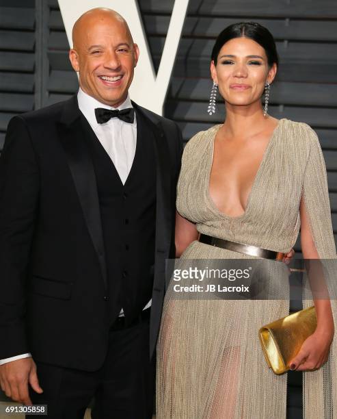 Vin Diesel and Paloma Jimenez attend the 2017 Vanity Fair Oscar Party hosted by Graydon Carter at Wallis Annenberg Center for the Performing Arts on...