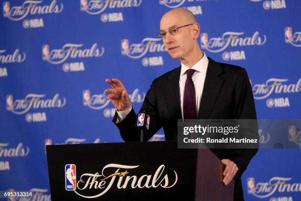 Commissioner Adam Silver speaks to the media before Game 1 of the 2017 NBA Finals at ORACLE Arena on June 1, 2017 in Oakland, California. NOTE TO...