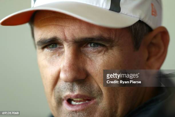 Leon Cameron, coach of the Giants, looks on during a Greater Western Sydney Giants AFL training session at Sydney Olympic Park on June 2, 2017 in...