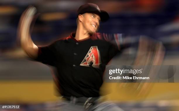 Zack Greinke of the Arizona Diamondbacks pitches during a game against the Miami Marlins at Marlins Park on June 1, 2017 in Miami, Florida.