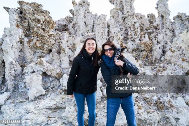 mother and daughter and dog posing for a picture at mono lake - mono lake stock pictures, royalty-free photos & images