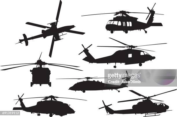 stockillustraties, clipart, cartoons en iconen met militaire helikopter silhouetten - helikopter