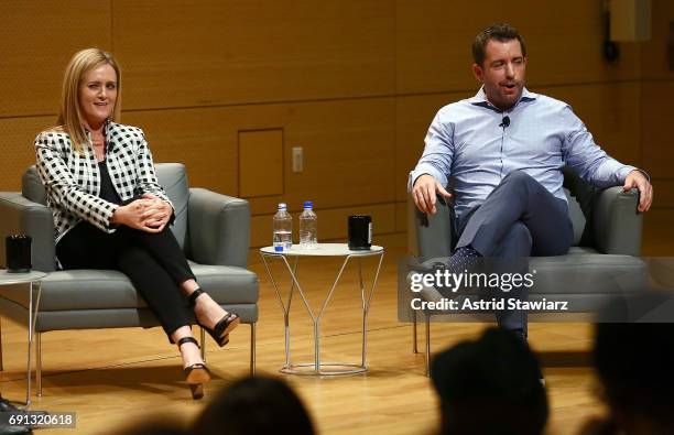 Writer and comedian Samantha Bee and actor Jason Jones attend TimesTalks with Samantha Bee and Jason Jones at New School's Tischman Auditorium on...