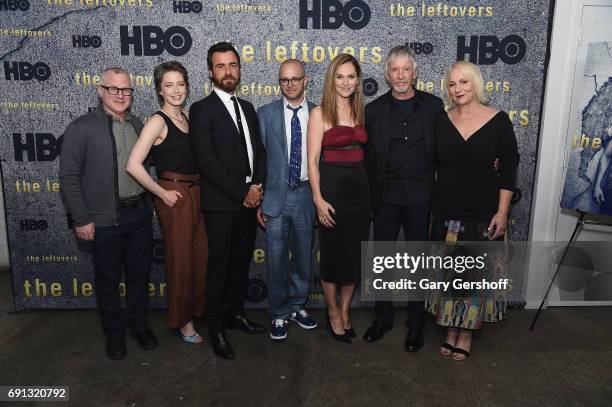 Tom Perrotta, Carrie Coon, Justin Theroux, Damon Lindelof, Amy Brenneman, Scott Glenn and Mimi Leder attend "The Leftovers" screening at Metrograph...