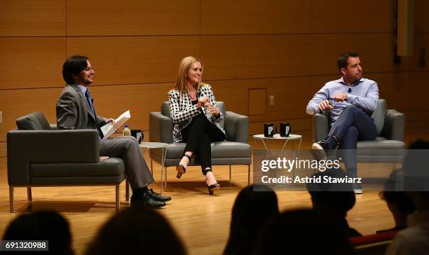 Culture reporter for The New York Times, Dave Itzkoff talks with comedian Samantha Bee and actor Jason Jones during TimesTalks with Samantha Bee and...