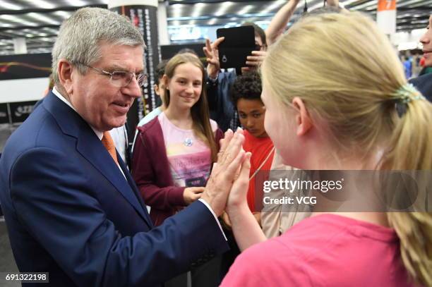 Thomas Bach, president of the International Olympic Committee , visits World Table Tennis Championships at Messe Duesseldorf on June 1, 2017 in...