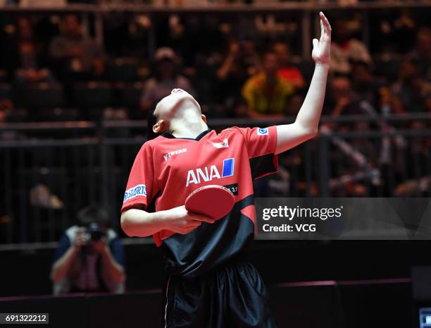 Tomokazu Harimoto of Japan celebrates during Men's Singles second round match against Jun Mizutani of Japan on day 4 of World Table Tennis...