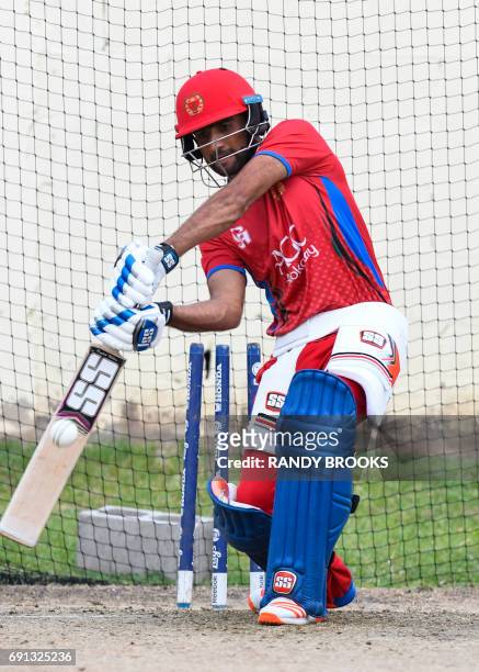 Usman Ghani of Afghanistan take part in a training session at Warner Park on June 1, 2017 in Basseterre, St. Kitts, ahead of the West Indies vs...