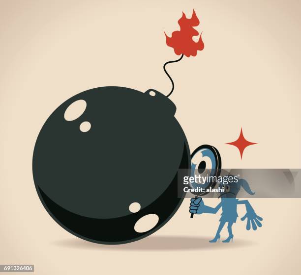 businesswoman (woman, girl) looking at a big bomb with a magnifier - flame emoji stock illustrations