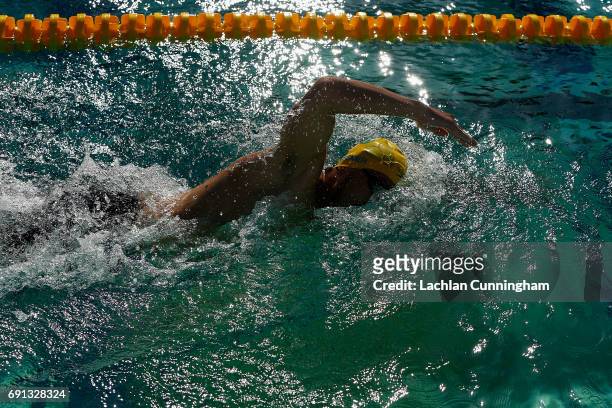 Michael Messner swims in the 800m freestyle during Day 1 of the 2017 Arena Pro Swim Series Santa Clara at George F. Haines International Swim Center...