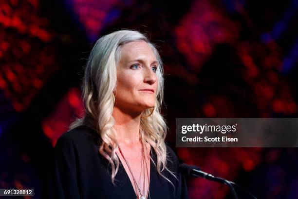 Honoree, Helenka Pantaleoni Humanitarian Award, New England Regional Board UNICEF USA Alli Achtmeyer speaks on stage during UNICEF Children's...