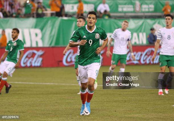 Raul Jimenez of Mexico celebrates after scoring during the friendly match between the Republic of Ireland and Mexico at MetLife Stadium on June 01,...