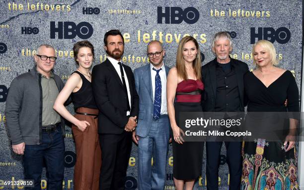 Tom Perrotta, Carrie Coon, Justin Theroux, Damon Lindelof, Amy Brenneman, Scott Glenn and Mimi Leder attend 'The Leftovers' screening at Metrograph...