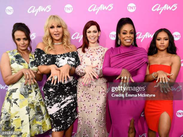 Actors Judy Reyes, Jenn Lyon, Carrie Preston, Niecy Nash and Karrueche Tran attend the premiere of TNT's "Claws" at Harmony Gold Theatre on June 1,...