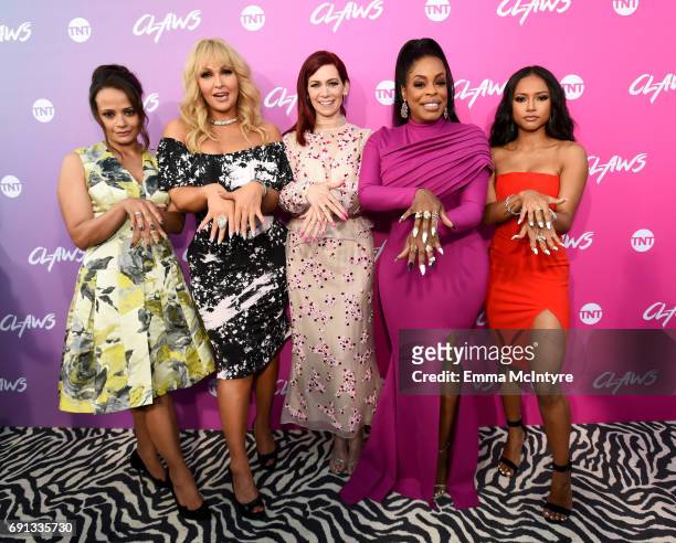 Actors Judy Reyes, Jenn Lyon, Carrie Preston, Niecy Nash and Karrueche Tran attend the premiere of TNT's "Claws" at Harmony Gold Theatre on June 1,...