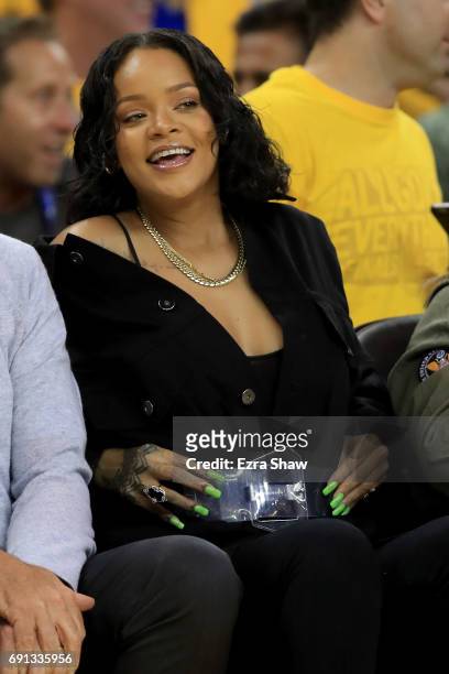 Recording artist Rihanna attends Game 1 of the 2017 NBA Finals at ORACLE Arena on June 1, 2017 in Oakland, California. NOTE TO USER: User expressly...