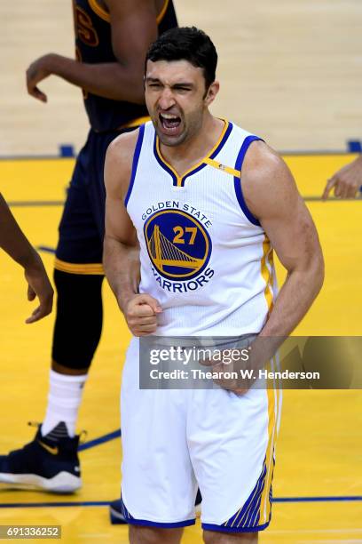 Zaza Pachulia of the Golden State Warriors reacts to a play against the Cleveland Cavaliers in Game 1 of the 2017 NBA Finals at ORACLE Arena on June...