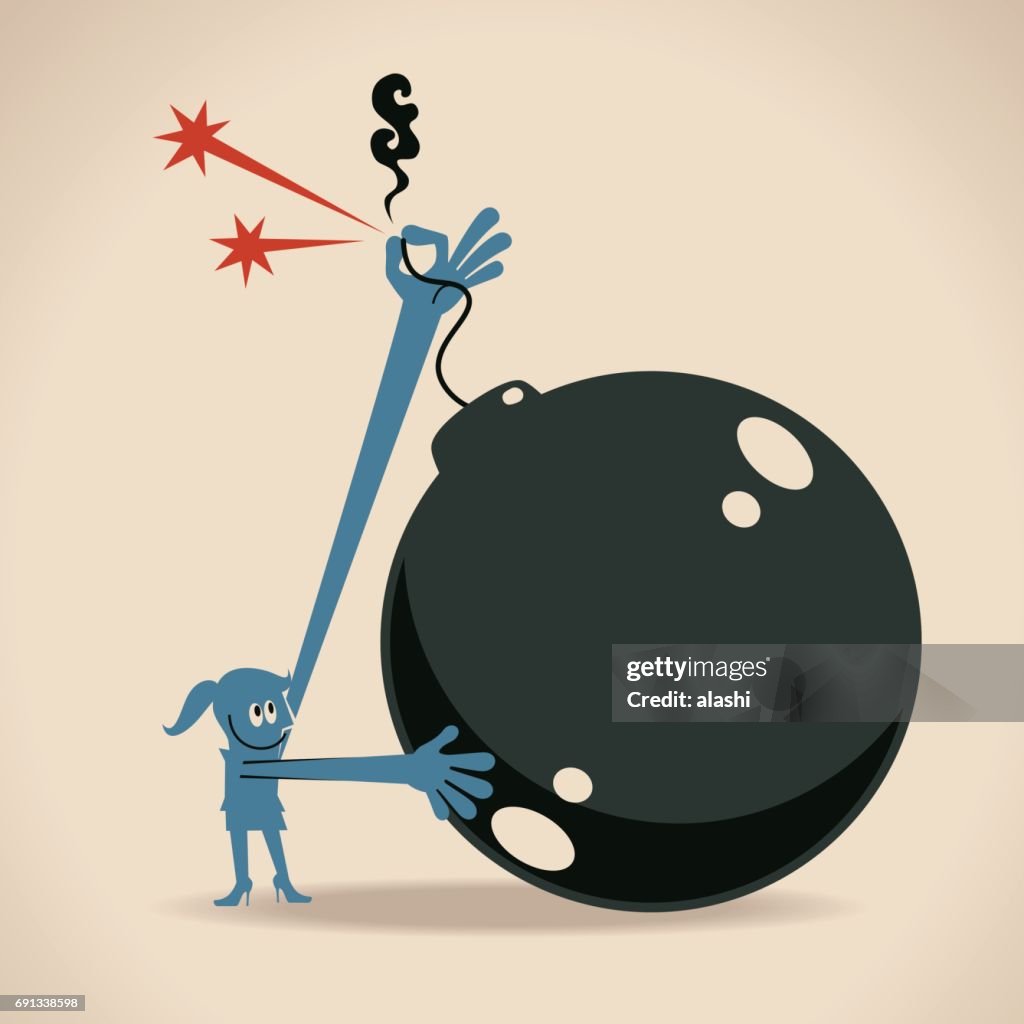 Businesswoman (woman, girl) grabbing the wick (extinguish, put out bomb flame) by index finger and thumb