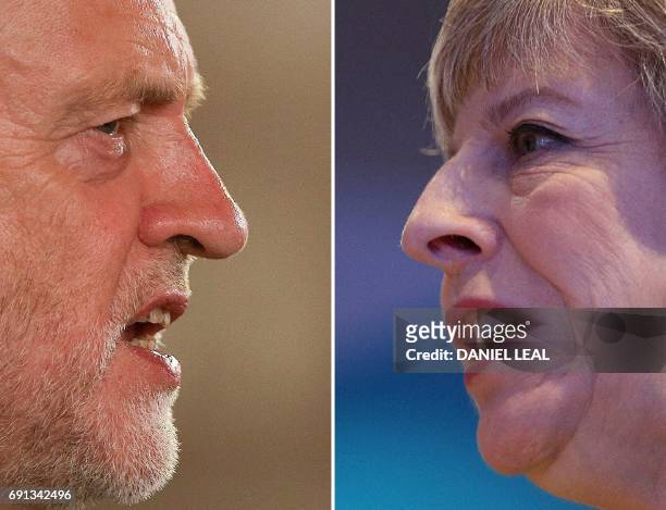 Combination of pictures created in London on May 31, 2017 shows Britain's main opposition Labour party leader Jeremy Corbyn speaking during a general...