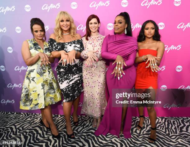 Actors Judy Reyes, Jenn Lyon, Carrie Preston, Niecy Nash and Karrueche Tran attend the premiere of TNT's "Claws" at Harmony Gold Theatre on June 1,...