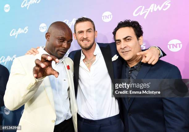 Actors Jimmy Jean-Louis, Jack Kesy and Jason Antoon attend the premiere of TNT's "Claws" at Harmony Gold Theatre on June 1, 2017 in Los Angeles,...