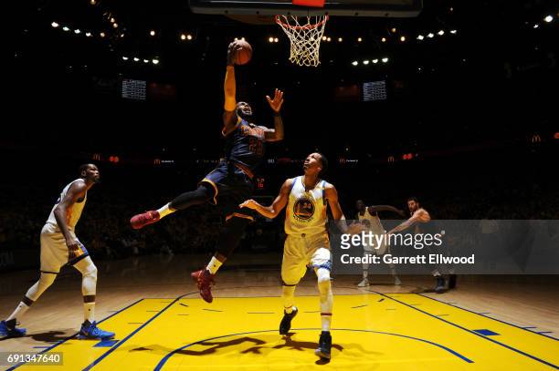 LeBron James of the Cleveland Cavaliers shoots the ball against the Golden State Warriors in Game One of the 2017 NBA Finals on June 1, 2017 at...