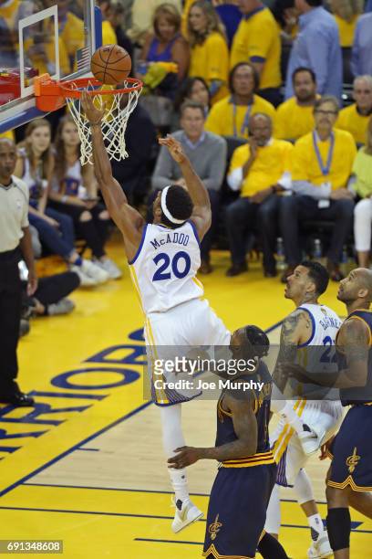 James Michael McAdoo of the Golden State Warriors drives to the basket against the Cleveland Cavaliers in Game One of the 2017 NBA Finals on June 1,...