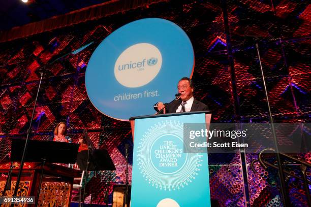 Honoree, Children's Champion Award UN Messenger of Peace Cellist Yo-Yo Ma speaks on stage during UNICEF Children's Champion Award Dinner honoring...
