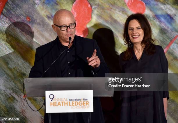 Kim Ledger and Sally Bell speak during the 9th Annual Australians In Film Heath Ledger Scholarship Dinner at Sunset Marquis Hotel on June 1, 2017 in...