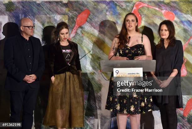 Kim Ledger, Kate Ledger, Ashleigh Bell and Sally Bell speak during the 9th Annual Australians In Film Heath Ledger Scholarship Dinner at Sunset...