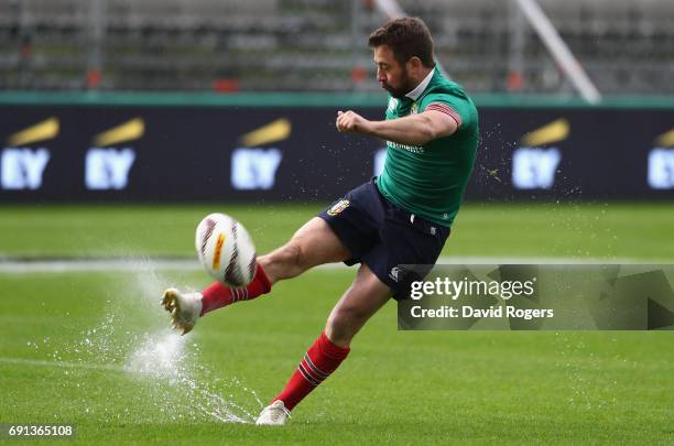 Greig Laidlaw kicks the ball upfield during the British & Irish Lions training session at Toll Stadium on June 2, 2017 in Whangarei, New Zealand.