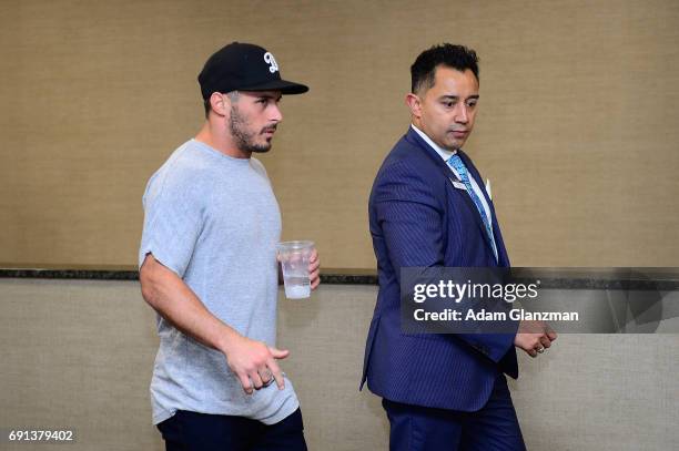 Danny Amendola of the New England Patriots tours the facilities of Life Time Athletic Chestnut Hill with General Manager Rob Kram on June 1, 2017 in...