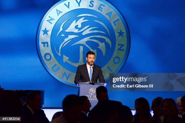 Jimmy Kimmel speaks on stage at the 2017 Los Angeles Evening Of Tribute Benefiting The Navy SEAL Foundation on June 1, 2017 in Beverly Hills,...