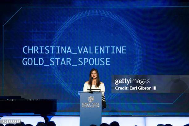 Gold Star spouse Christina Valentine speaks onstage at the 2017 Los Angeles Evening of Tribute Benefiting the Navy SEAL Foundation on June 1, 2017 in...