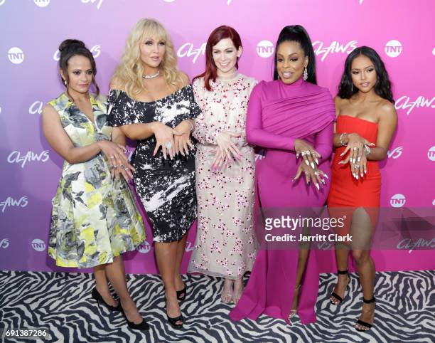 Actors Judy Reyes, Jenn Lyon, Carrie Preston, Niecy Nash and Karrueche Tran attend the Premiere Of TNT's "Claws" at Harmony Gold Theatre on June 1,...