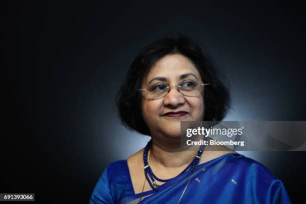 Arundhati Bhattacharya, chairman of the State Bank of India Ltd., poses for a photograph following a Bloomberg Television interview during the St....