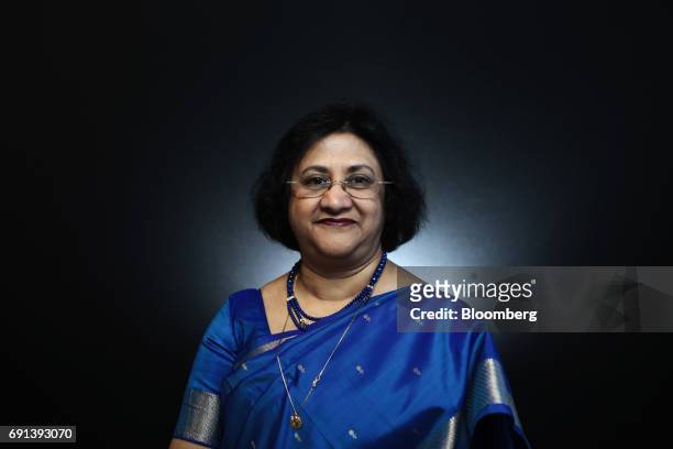 Arundhati Bhattacharya, chairman of the State Bank of India Ltd., poses for a photograph following a Bloomberg Television interview during the St....