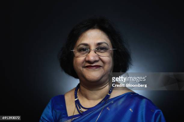 Arundhati Bhattacharya, chairman of the State Bank of India Ltd., poses for a photograph following a Bloomberg Television interview during the St....