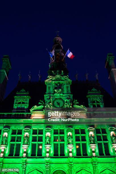The Paris city hall on 1 June, 2017 is lightened in green « to mark the disapprobation » of the french capital and its socialist mayor Anne Hidalgo...