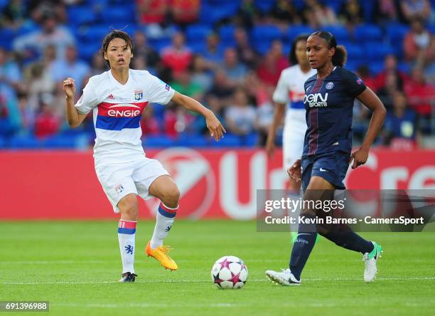 Olympique Lyonnais' Saki Kumagai under pressure from Paris Saint-Germain's Marie-Laure Delie during the UEFA Women's Champions League Final match...
