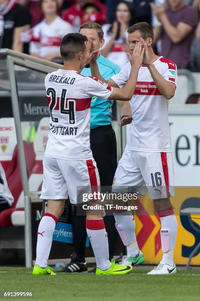 Josip Brekalo of Stuttgart shakes hands with Florian Klein of Stuttgart during the Second Bundesliga match between VfB Stuttgart and FC Wuerzburger...