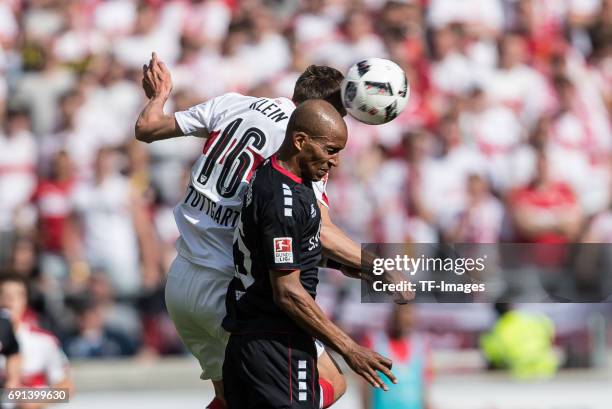 Florian Klein of Stuttgart and David Pisot of Wuerzburger Kickers battle for the ball during the Second Bundesliga match between VfB Stuttgart and FC...